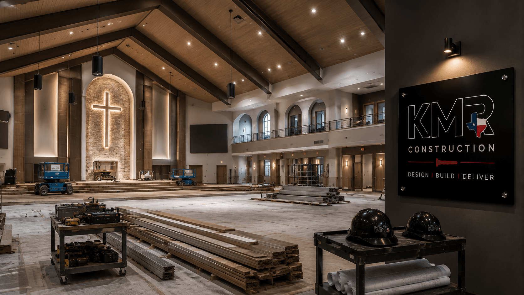 KMR-built sanctuary interior under construction with illuminated cross and exposed beams