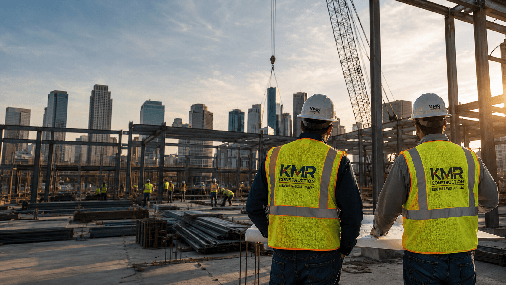Two KMR Construction foremen on a Houston ground-up steel-frame jobsite at sunset