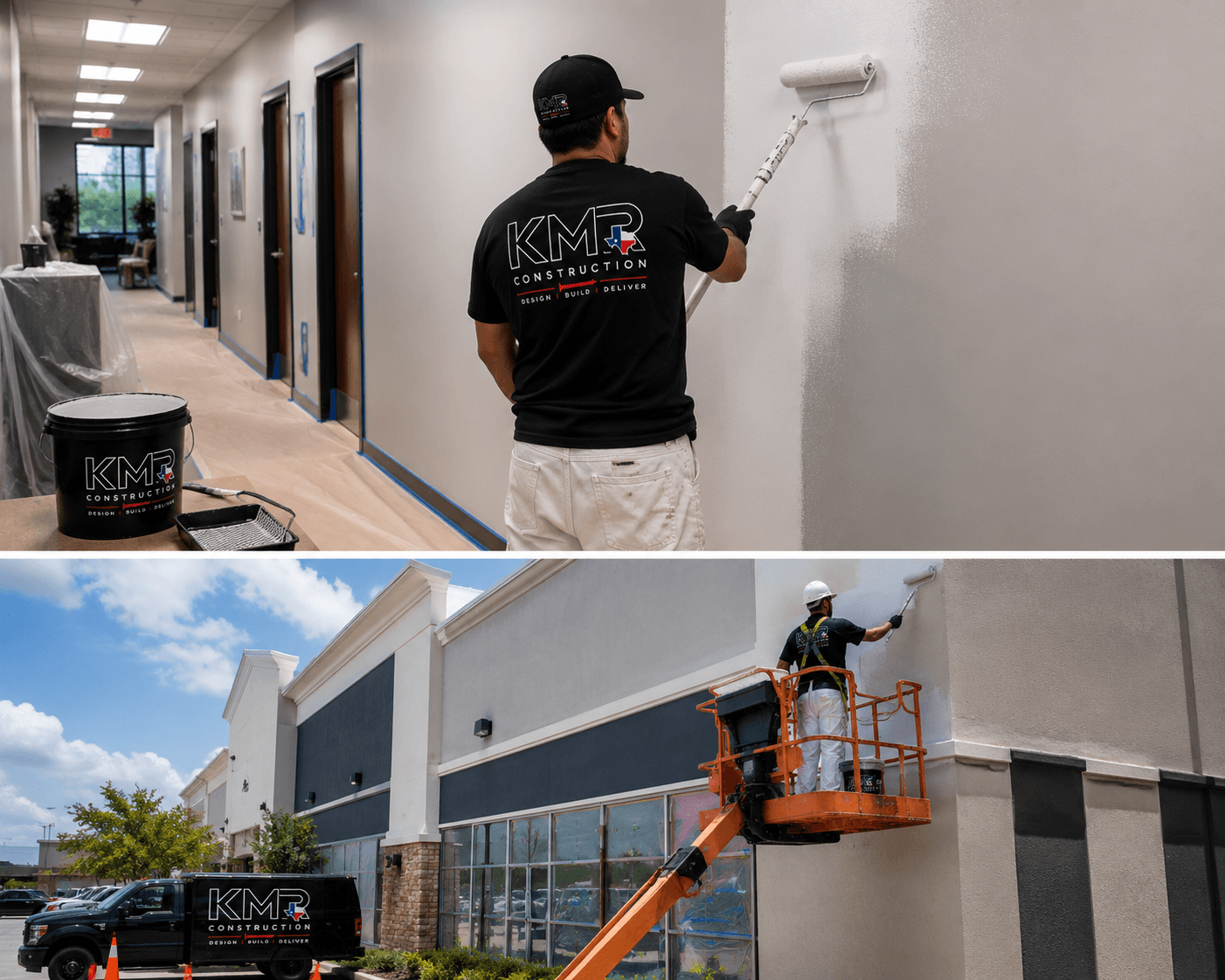 KMR Construction painters refreshing a commercial corridor and exterior facade