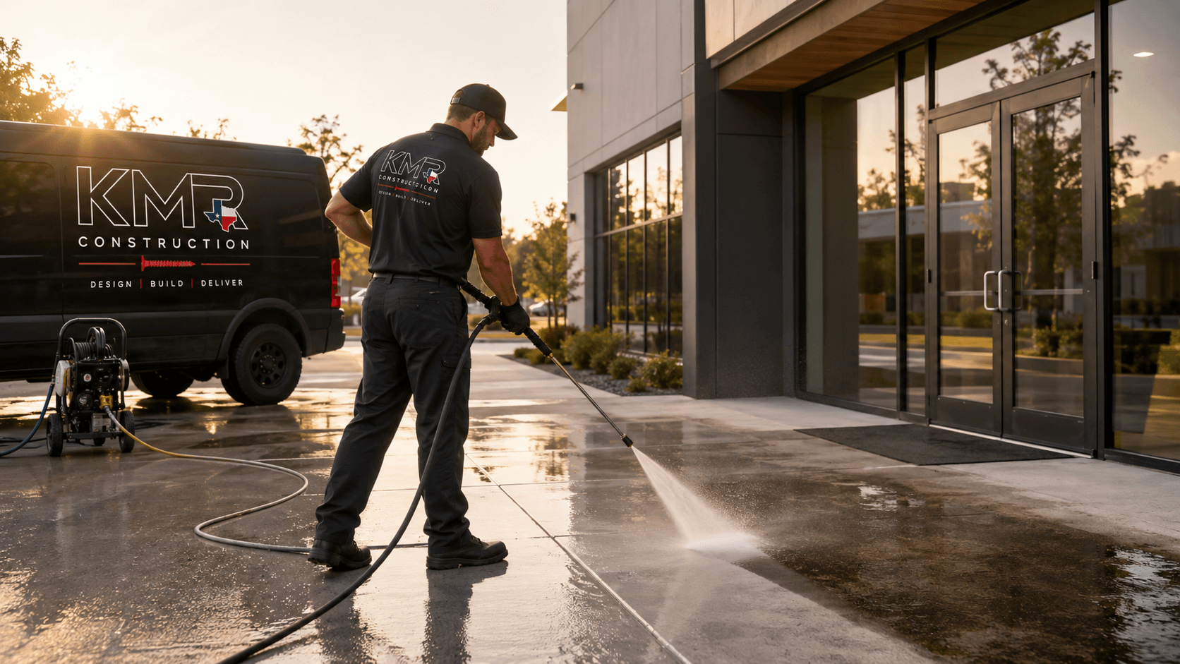 KMR Construction technician pressure washing the entry sidewalk of a commercial building at sunrise