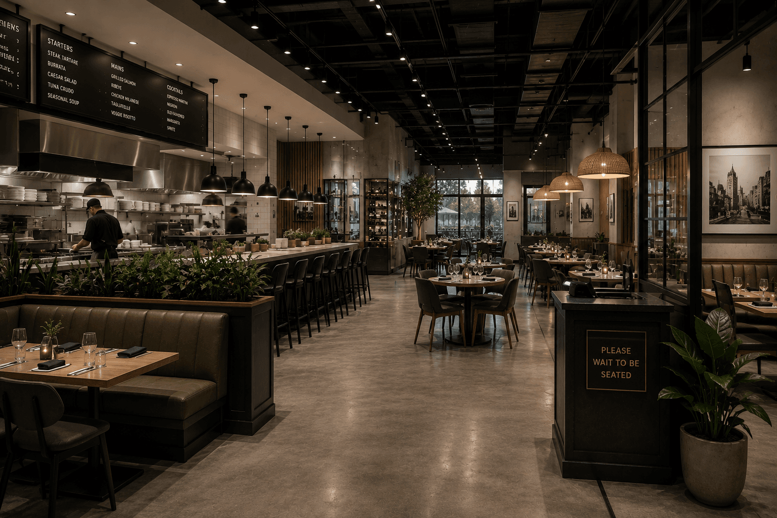 Restaurant interior with open kitchen, banquette seating, and menu boards