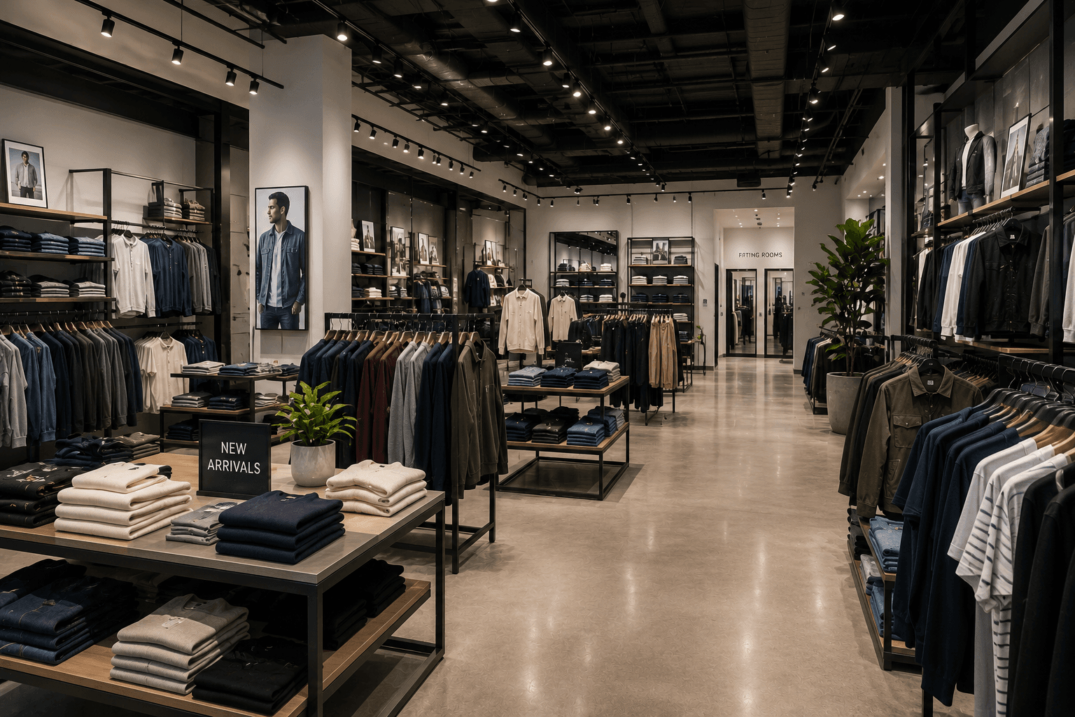 Retail showroom interior with track lighting and merchandised displays