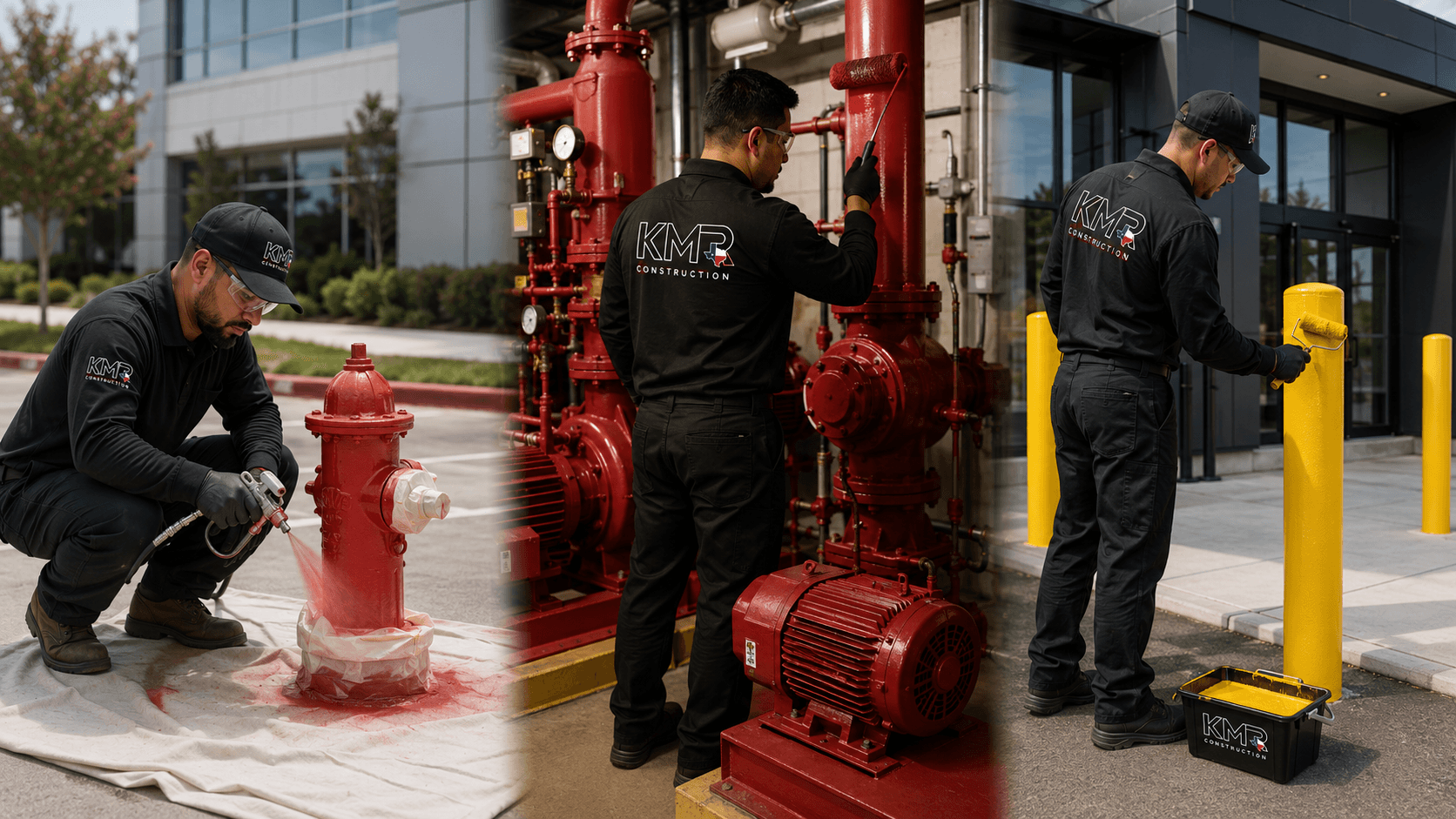 KMR Construction crews painting a fire hydrant, recoating a fire-pump skid, and rolling safety-yellow paint on storefront bollards
